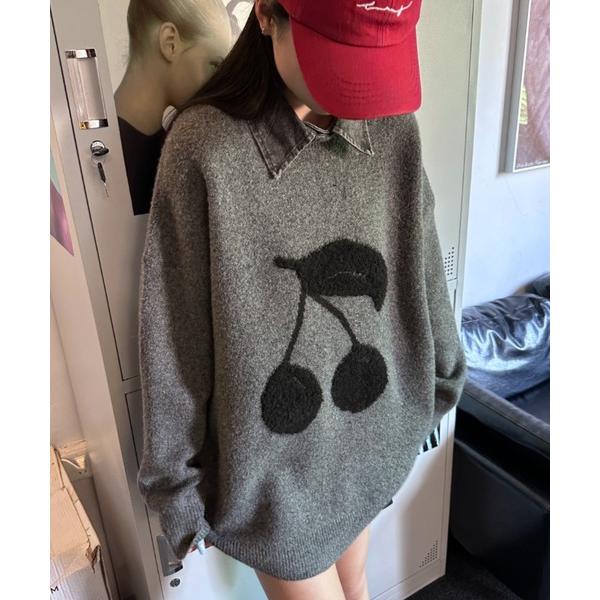 ニット セーター 「つけ襟セット」 バイカラーチェリー/星柄ニット レディース