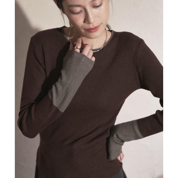 ニット セーター ウール混袖配色クルーネックニット レディース