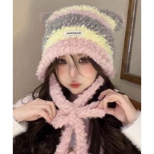 ニット帽 ニットキャップ ニット帽 ネコ 帽子 耳付き ポンポン シャギー ボーダー 耳 ビーニー ファー ニットキャップ レディース