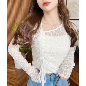 tシャツ 「累計販売枚数1万枚突破！」アシンメトリードロスト袖くしゅくしゅ長袖ストレッチレーストップス レディース