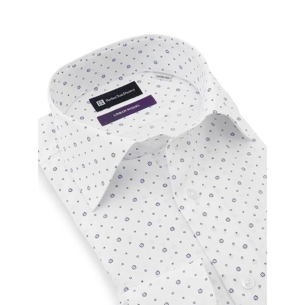 フォーマル シャツ 綿100％　プリントワイシャツ「アーバン」セミワイドカラー　ホワイト×サックス ...