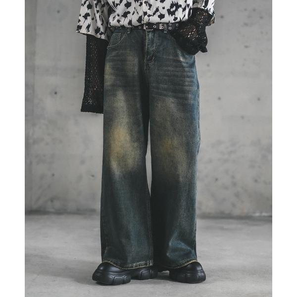 ワイドパンツ ジーンズ Vintage wash wide flare denim pants / ...