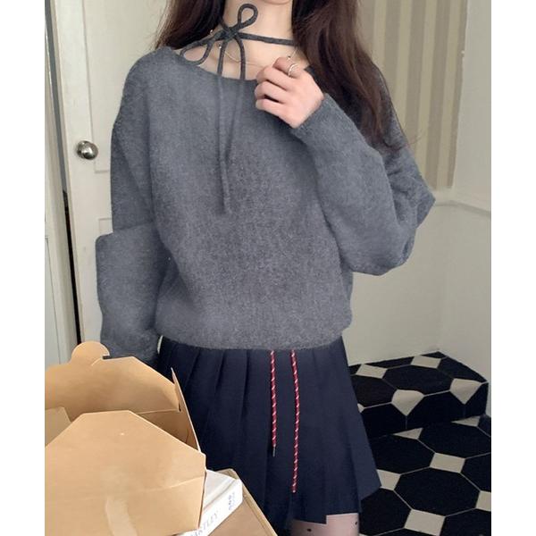 ニット セーター タイ付きニットプルオーバー レディース