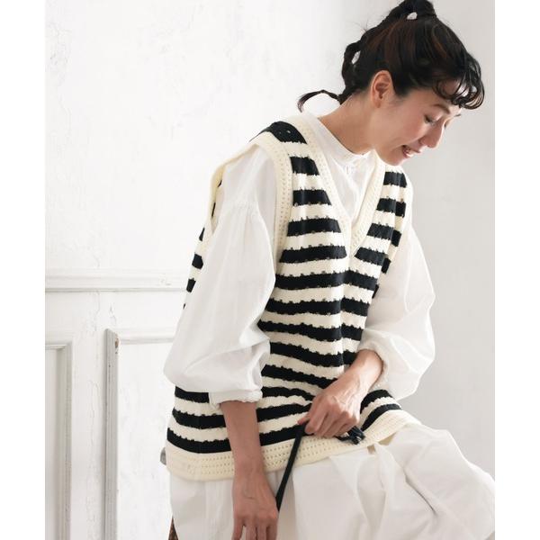 ベスト ジレ なみなみあみのボーダーベスト レディース