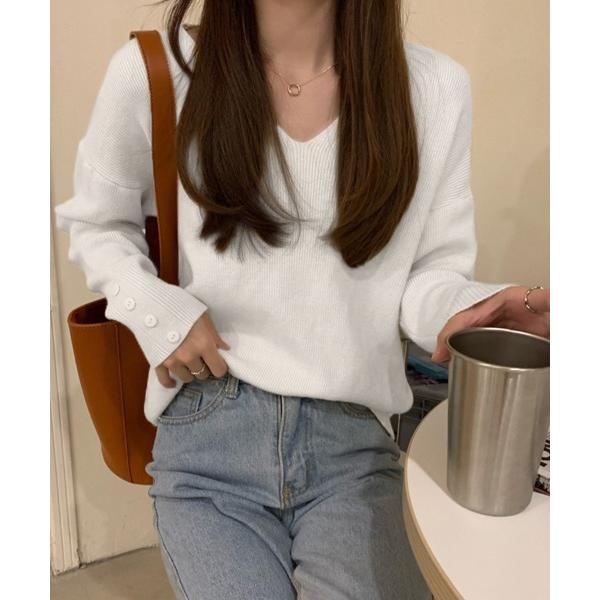 ニット セーター Vネック袖ボタンニット レディース