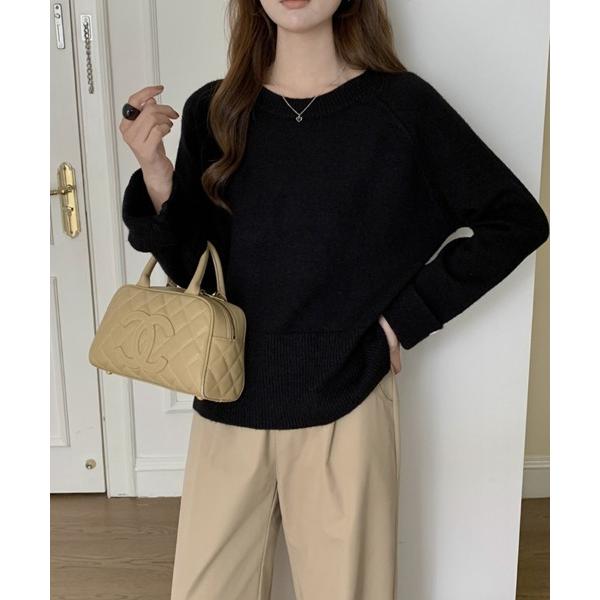 ニット セーター 袖ボタン付きラウンドネックニット レディース