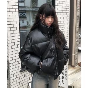 ダウンコート ダウンジャケット フェイクレザーハイネックショートダウンジャケット レディース メンズ