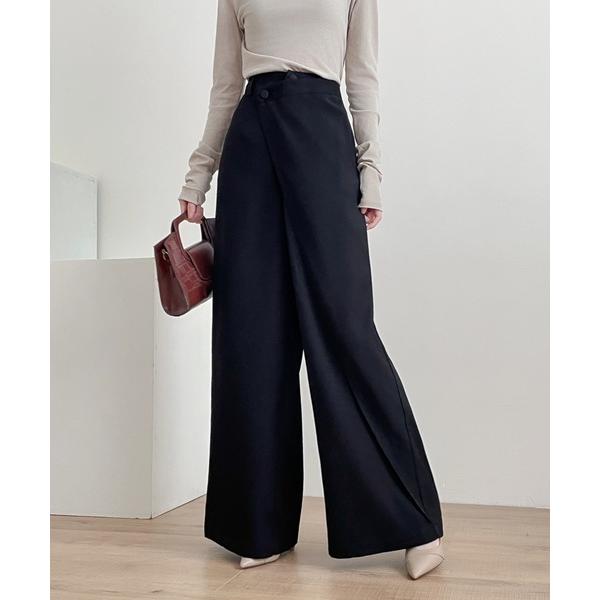 スラックス パンツ アシメラッフルワイドシルエットパンツ レディース