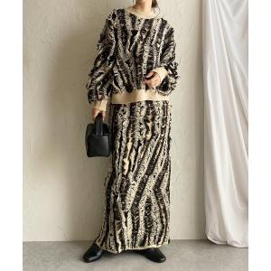 セットアップ ウェーブ柄長袖ミックスフリンジジャガードニット＆ロングスカートセットアップ レディース