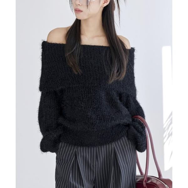 ニット セーター アンゴラモヘアフォンダンオフショルダーオーバーサイズニット レディース