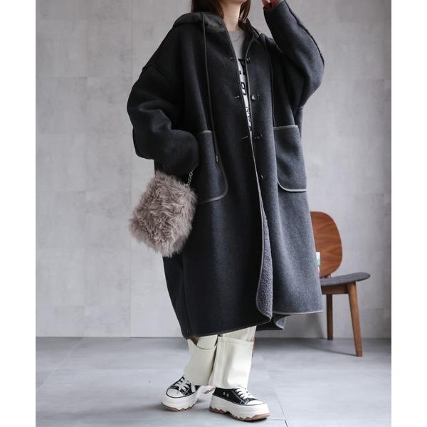 コート アウター フェイクウールフード付きボアロングコート レディース