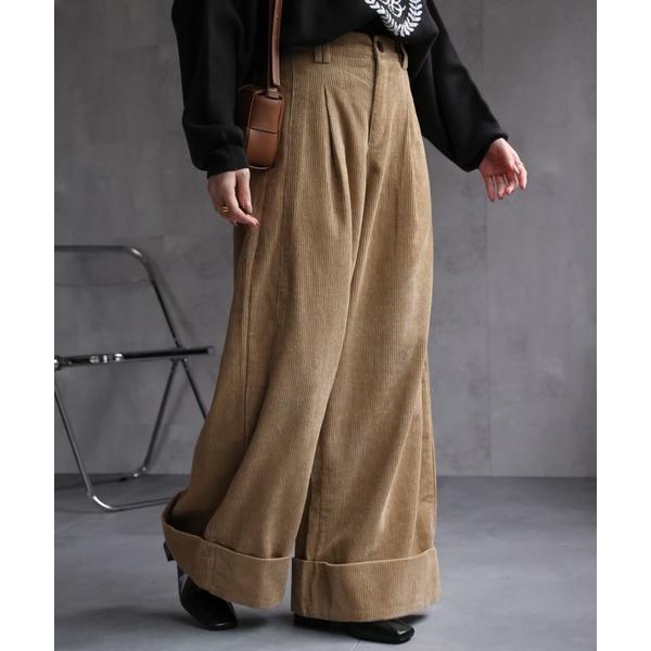 パンツ 「レディース商品」コーデュロイロールアップタックワイドパンツ レディース