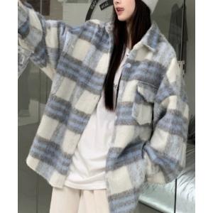 コート アウター ウール混シャギーチェックシャツジャケット