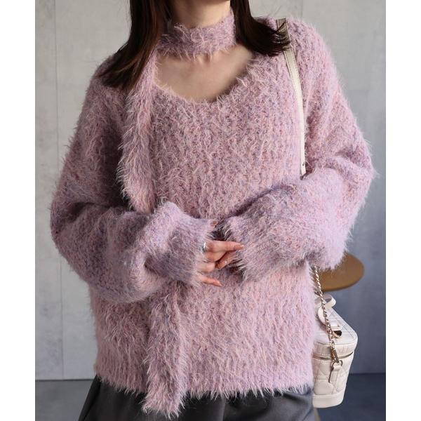 ニット セーター 「レディース商品」ロングタイ付きシャギーニットトップス/ボウタイ付きニット/チョー...