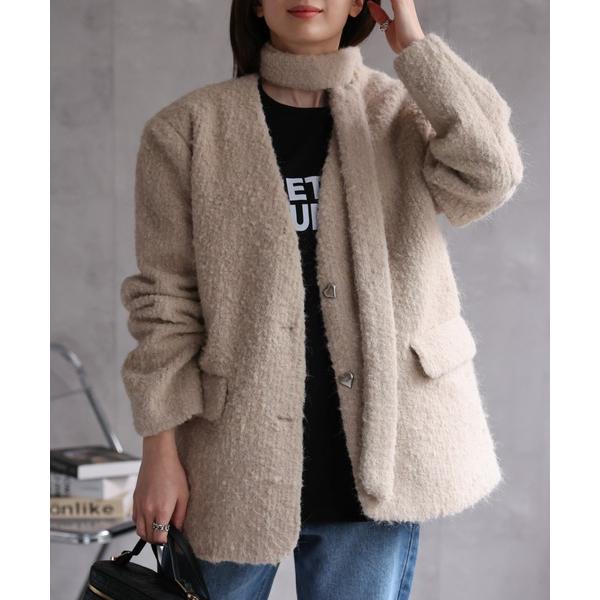 ジャケット ノーカラージャケット 「レディース商品」タイ付き ノーカラーシャギージャケット レディー...