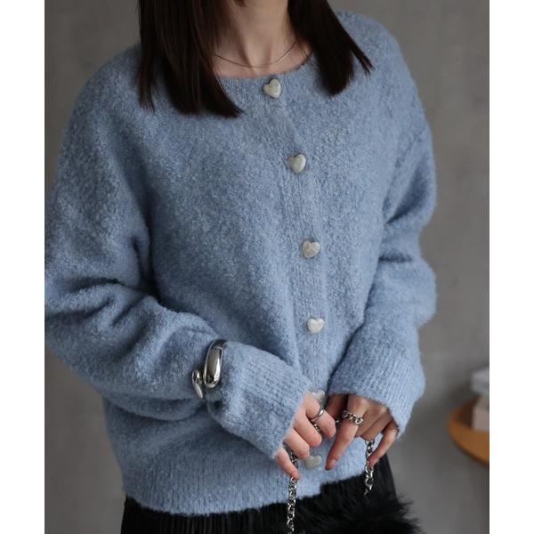 カーディガン ハートボタンクルーネックニットカーディガン レディース