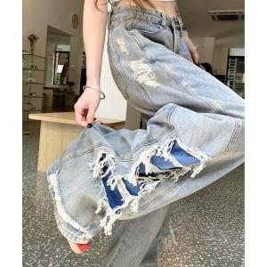 ジーンズ デニム デニムパンツ 「CANVAS+」サイド切り替えダメージデニムパンツ レディース