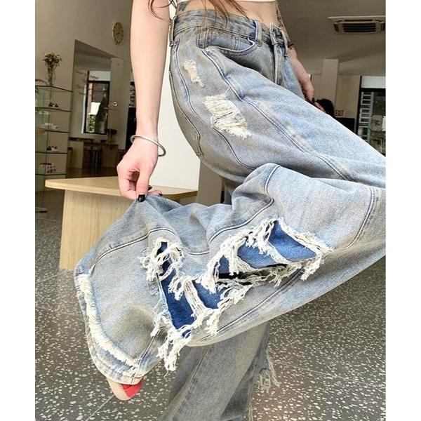 ジーンズ デニム デニムパンツ 「CANVAS+」サイド切り替えダメージデニムパンツ レディース