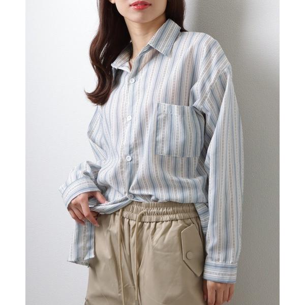 ブラウス シャツ マルチストライプ柄 フロント ボタン 長袖 シャツ レディース