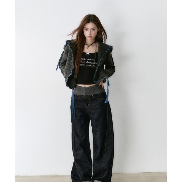 カーディガン セーラー襟リボン編み込みデザイン 　ニットカーディガン レディース