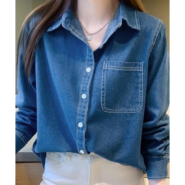 ブラウス シャツ ボタン付きデニム柄シャツ レディース