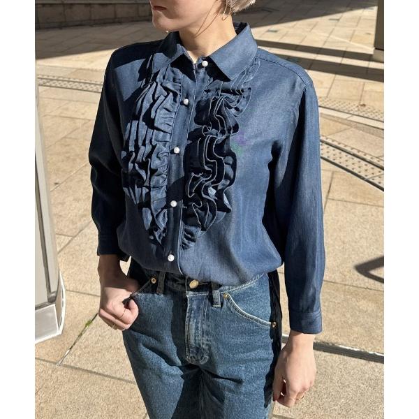 デニムパールボタンフリルシャツ レディース
