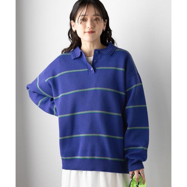ニット セーター ラガーボーダーニットポロ レディース
