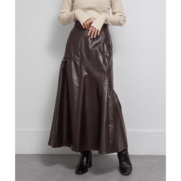スカート アシメ切替ギャザーエコレザースカート
