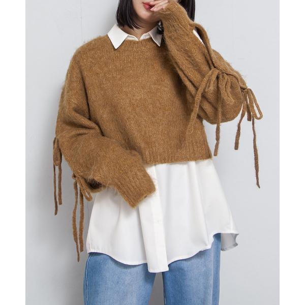 ニット セーター ウールMIX袖リボンショートニット レディース