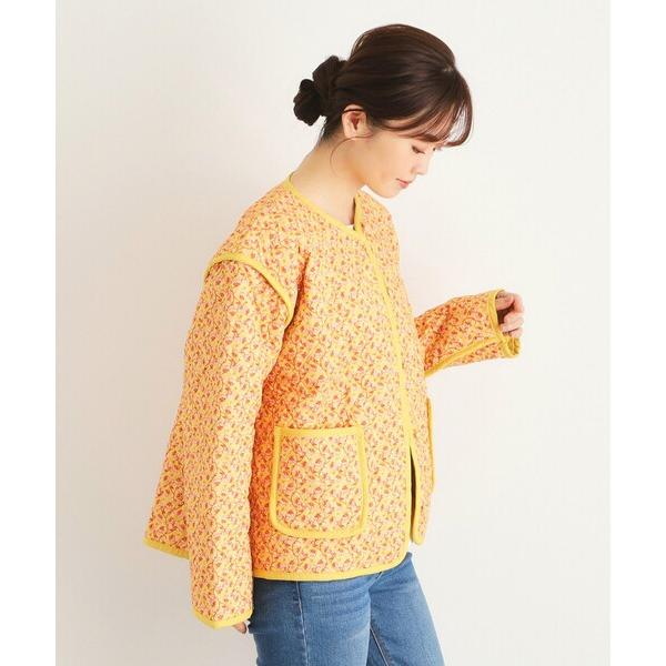 ジャケット ノーカラージャケット コッタムコーンフラワー柄 リバーシブル キルトジャケット レディー...