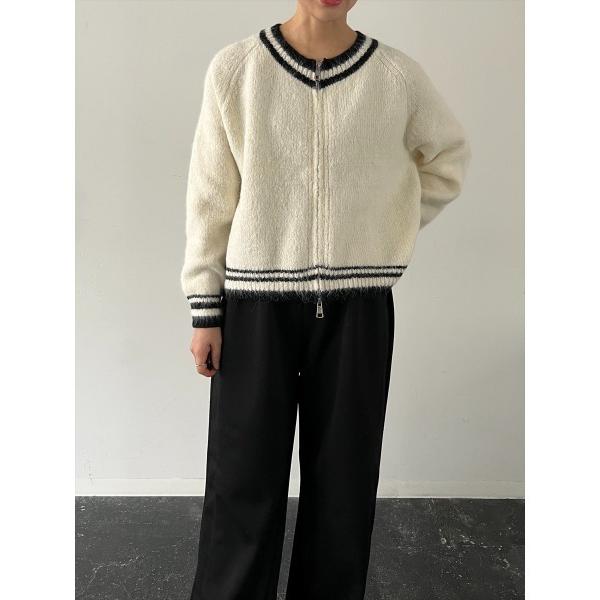 ニット セーター 「ライン入りジップニットカーディガン」Vネック ライン使い ジップアップ ニットカ...