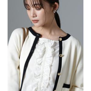 カーディガン 洗濯機洗い可バイカラーニットジャケットカーディガン レディース