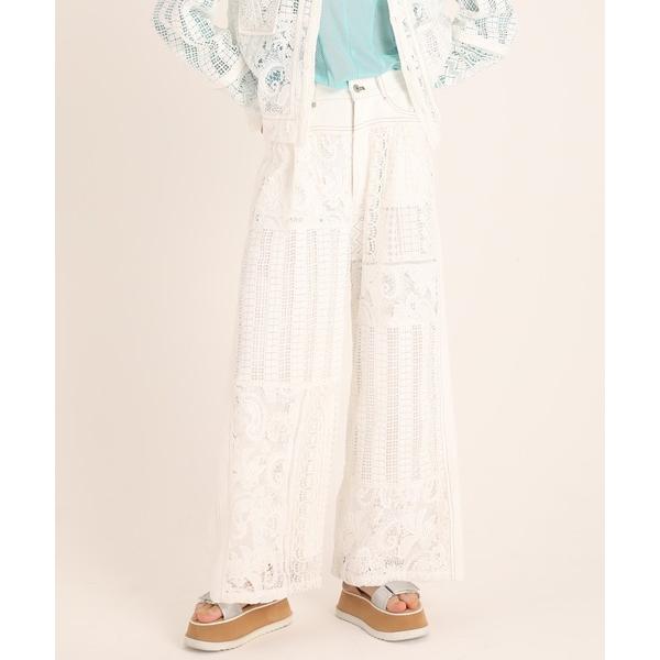 ジーンズ デニム デニムパンツ デニムコンビネーションレースワイドパンツ レディース