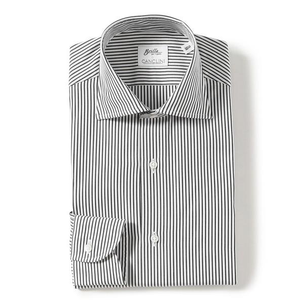 シャツ コットン ペンシルストライプ ワイドカラーシャツ メンズ
