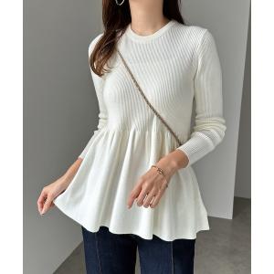 ニット セーター 無地ボーダーペプラムフレアリブニットトップス レディース