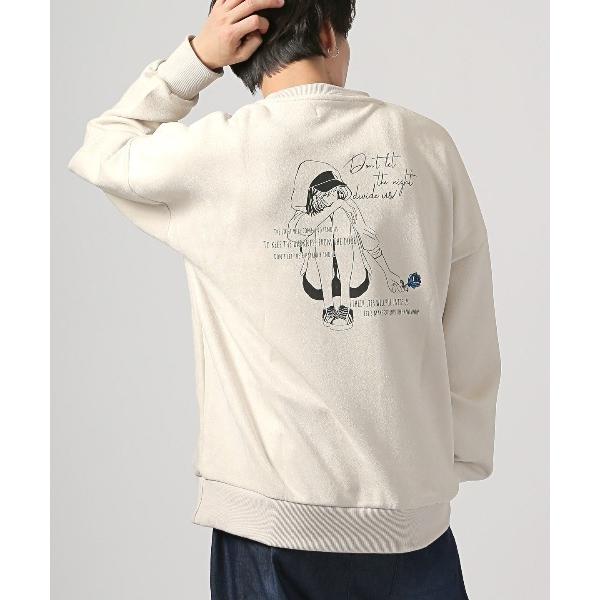 トレーナー スウェット 薔薇刺繍ガールイラストバックプリントスエードトレーナー メンズ レディース