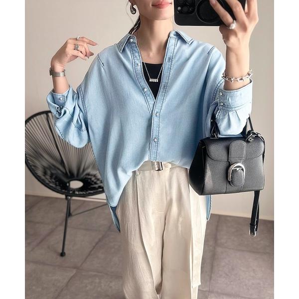 ブラウス シャツ 「シルエット変更可大人デニム」パール釦オーバーデニムシャツ レディース