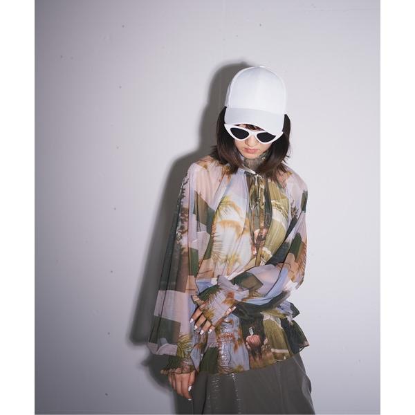 ブラウス シャツ shirring ribbon print tulle blouse レディース