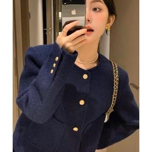 コート アウター ゴールドボタンノーカラージャケット レディース
