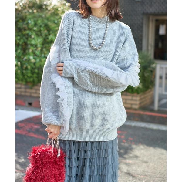 ニット セーター 袖フリルチュールハイネックワイドリブニット レディース