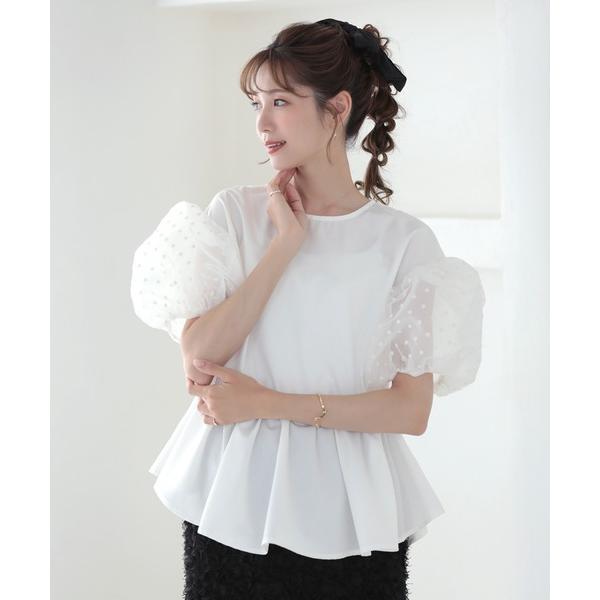 ブラウス シャツ ドットチュール袖ペプラムブラウス レディース