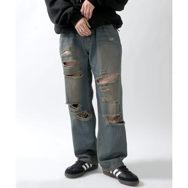 ワイドパンツ ジーンズ vintage like street design loose fit d...