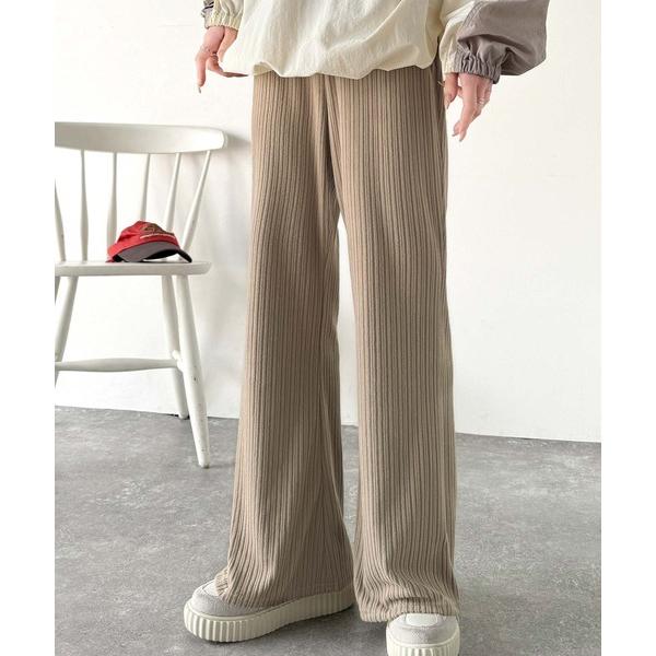 パンツ 美脚魅せ。ウエストゴム起毛リラックスリブフレアパンツ レディース