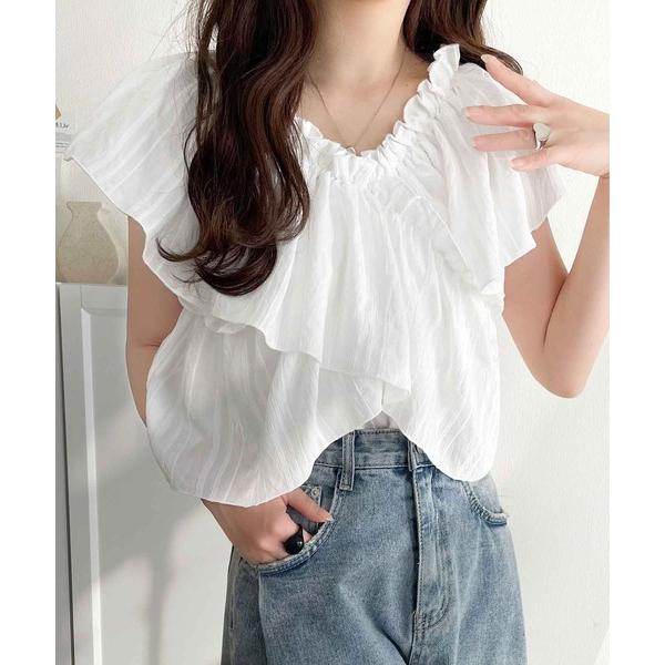 ブラウス シャツ 大人ガーリーに見せる。2wayオフショルフリルデザインシアーブラウス レディース
