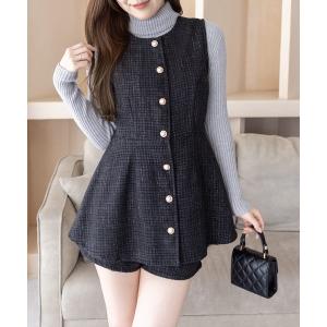 チュニック フロントボタンツイードチュニック＆ショートパンツセット 「大人 フェミニン 上品」「再入荷」