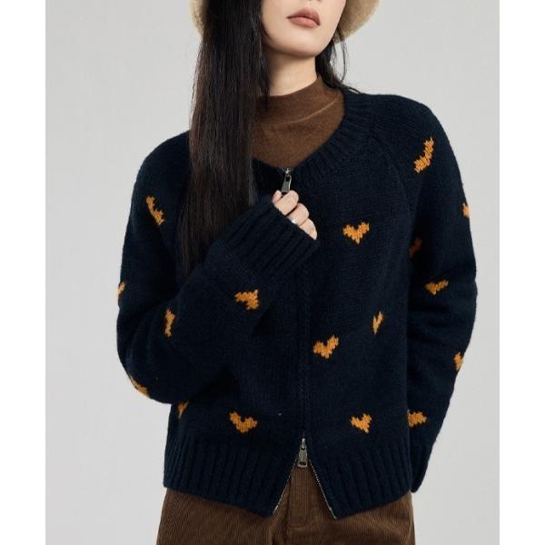 カーディガン ハートモチーフ アートジャガードダブルジップシンプルカジュアルニットカーディガン レデ...
