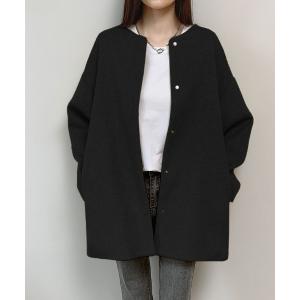 ノーカラーコート コート クルーネック隠しボタンコート レディース