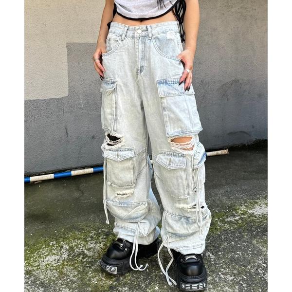 ワイドパンツ ジーンズ デニム デニムパンツ ダメージルーズワイドカーゴデニム レディース メンズ