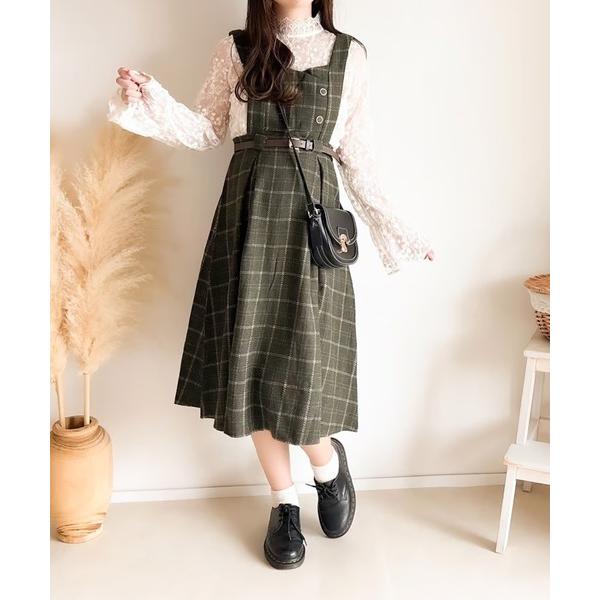 ワンピース ベルト付きチェック柄ジャンパースカート