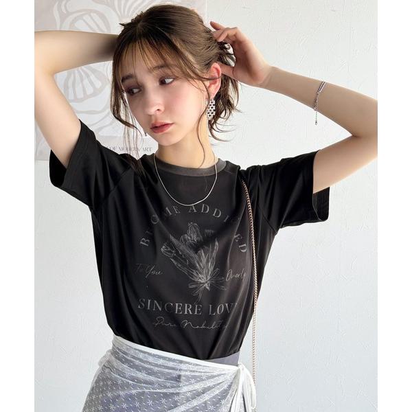 tシャツ トレンドのディテールが魅力。シルケットフラワーカーブロゴリンガー半袖Tシャツ レディース